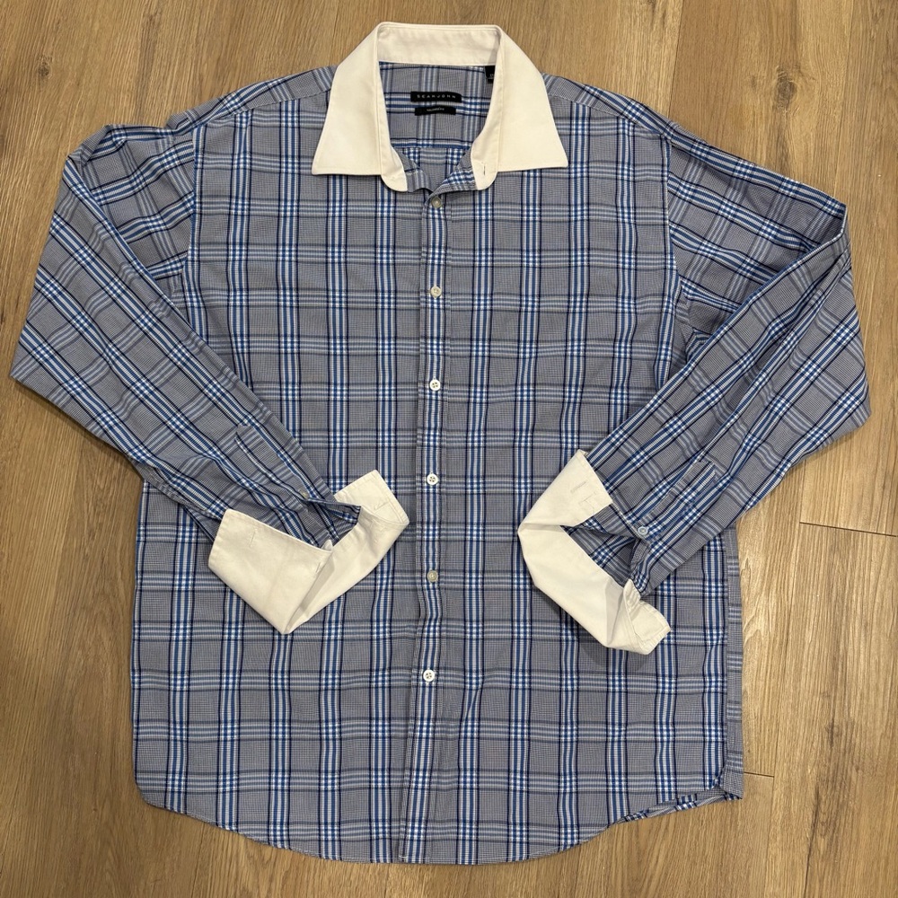 Sean John Blue and White Plaid Men's Shirt